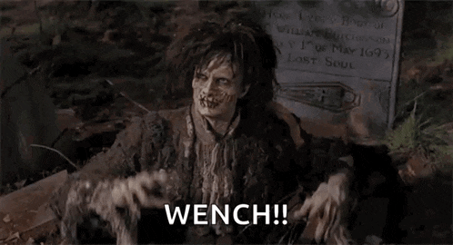 a zombie is standing in front of a grave with the words wench written on the bottom .
