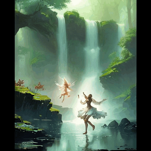 a woman is dancing in front of a waterfall with two fairies flying overhead .