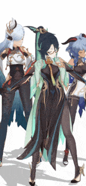 three anime characters are standing next to each other