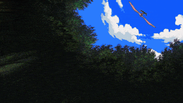 a bird flying over a forest with a blue sky in the background