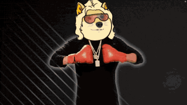 a doge wearing sunglasses and boxing gloves stands in front of a black background