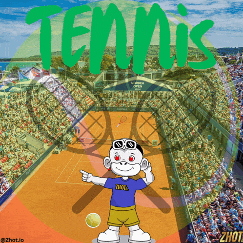 a cartoon character is pointing at a tennis court with the word tennis written in green