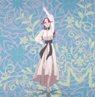 a woman in a white dress is standing in front of a floral pattern