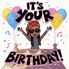 a cartoon of a woman with balloons and confetti says it 's your birthday !