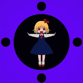 a little girl in a blue dress is surrounded by black circles on a purple background