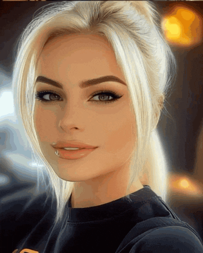 a woman with blonde hair and green eyes is wearing a black shirt with the letter o on it