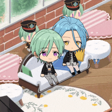 a couple of anime characters sitting on a couch with the number 1 in the background