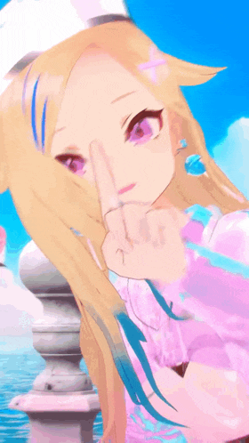 a cartoon girl with blonde hair and a pink flower in her hair holds her finger to her lips
