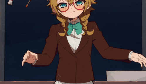 a girl with glasses is standing in front of a drawing of a camel with chinese writing on it