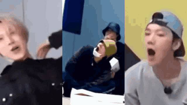 a collage of three pictures of a man wearing a baseball cap .