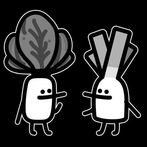 a black and white drawing of two vegetables standing next to each other on a black background