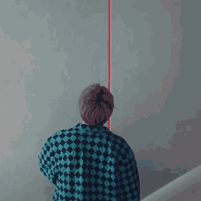 a person with pink hair is wearing a blue and black checkered shirt