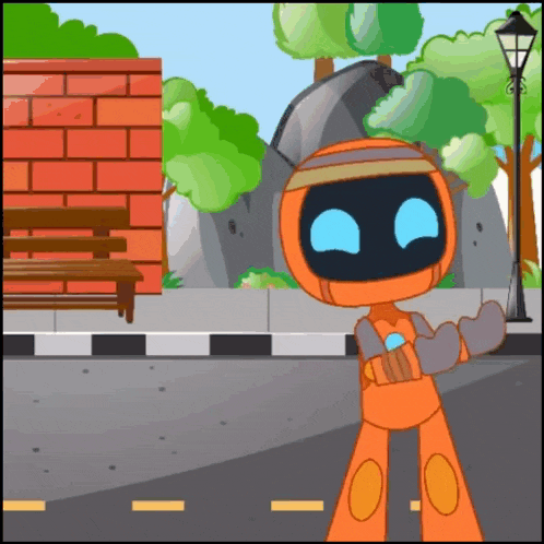 a cartoon robot is standing on the side of the road giving the middle finger .