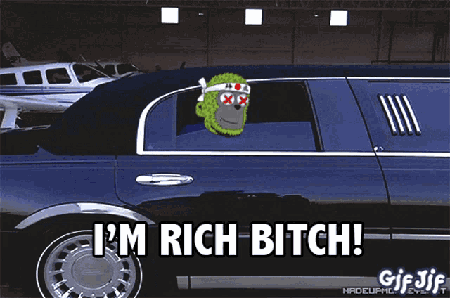 a gif of a monkey in a limousine with the words i 'm rich bitch