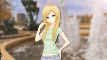 a blonde anime girl with blue eyes stands in front of a fountain