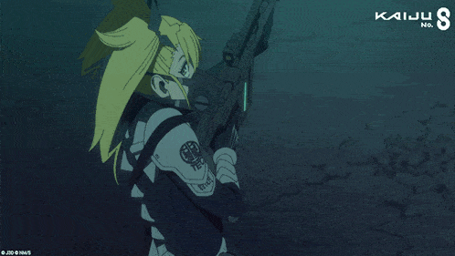 a person with a gas mask on holding a gun with kaiju n.o. written on the bottom