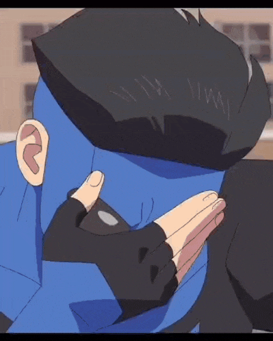 a cartoon of a man with blue hair and black gloves covering his face with his hands .