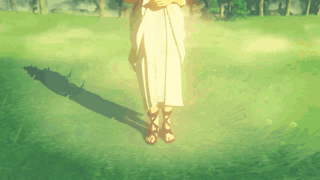 a woman in a white dress and black sandals stands in a grassy field