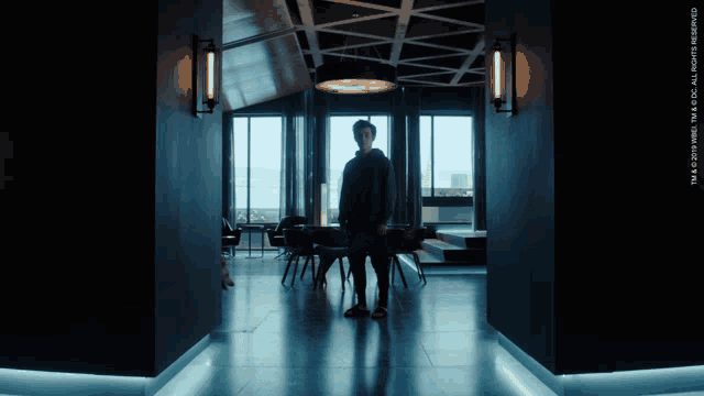 a man standing in a dark hallway with a watermark that says tm & dc