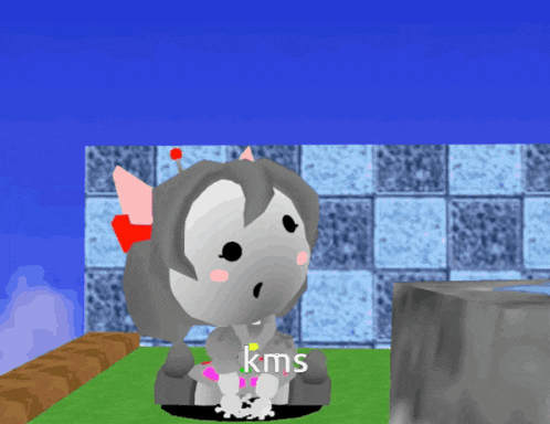 a cartoon character with the words kms on the bottom right