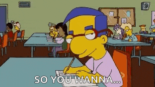 a cartoon character sitting at a desk with the words so you wanna written below him