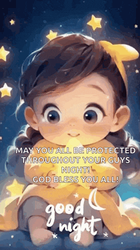 a little girl is holding a star and saying `` may you all be protected throughout your guys night ! god bless you all ! ''