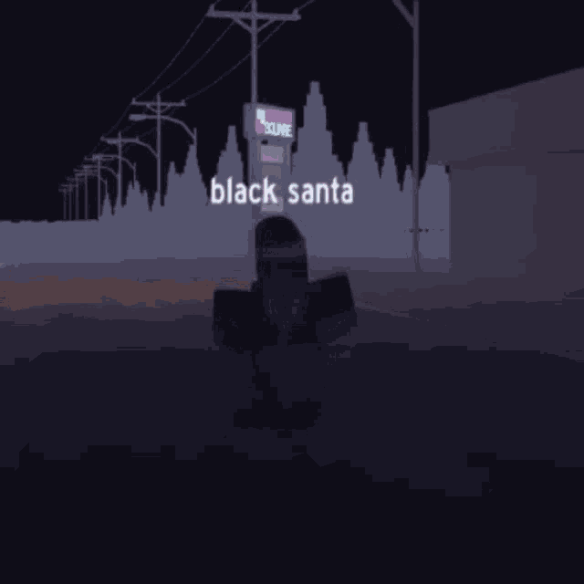 a person standing in front of a gas station that says black santa on it
