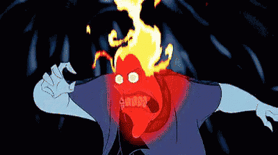 a cartoon character with fire coming out of his mouth and the word ' hades ' on his shirt
