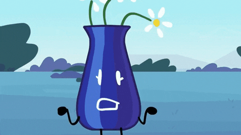 a blue vase with a flower in it has a surprised face