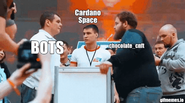 a group of men are standing in front of a sign that says cardano space bots chocolate cnt