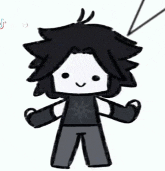 a cartoon drawing of a person with black hair and gloves on .