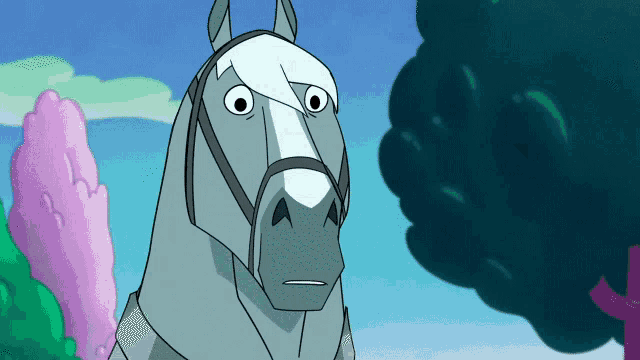a cartoon drawing of a horse with a sad look on his face