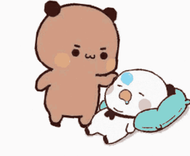 a cartoon bear is standing next to a panda bear laying on a bed .