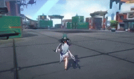 a girl is riding a scooter in a video game while a helicopter is flying in the background .