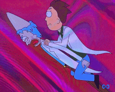 a cartoon character with a purple background and a blue infinity symbol on the bottom