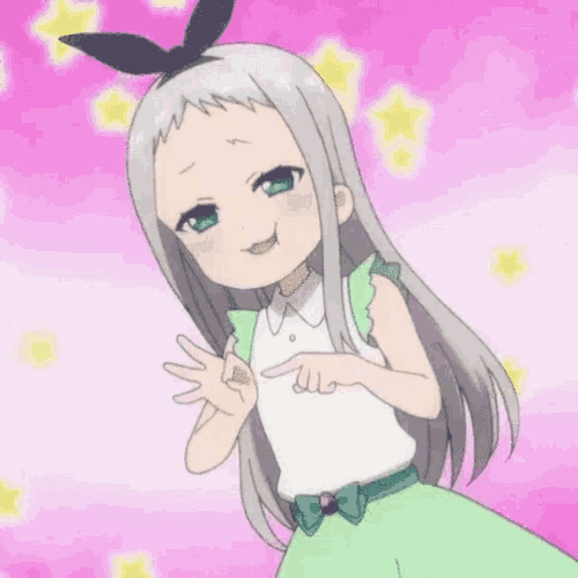 a little girl with gray hair and a bow in her hair is making a funny face .