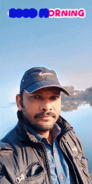 a man wearing a hat and a jacket is standing in front of a blue background that says good morning