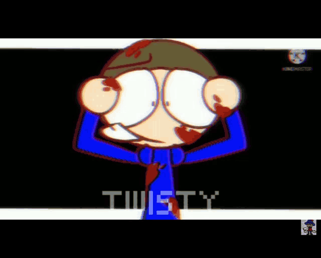 a cartoon character with blood on his face and the word twisty in the corner .