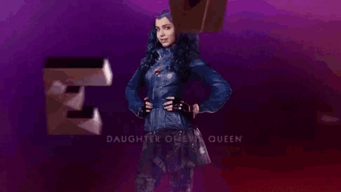 a woman is standing in front of the words daughter of evil queen
