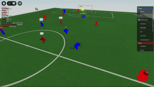 a computer screen shows a soccer field with players and a few messages