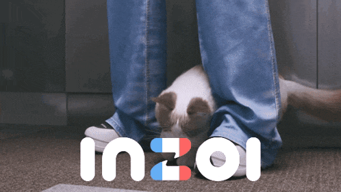 a cat laying under a person 's leg with the word inzai written above it