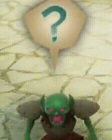 a green monster is standing in front of a speech bubble with a question mark