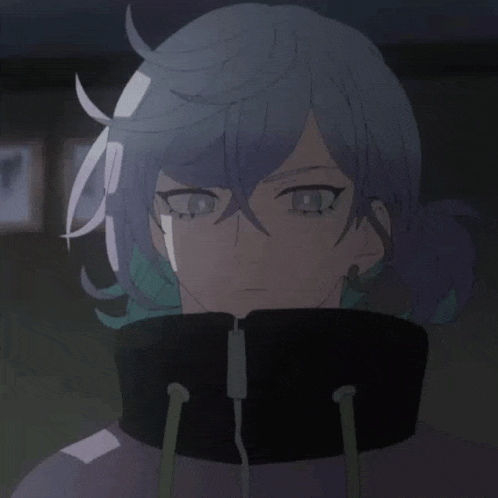 a close up of a person 's face with blue hair and a black scarf around their neck