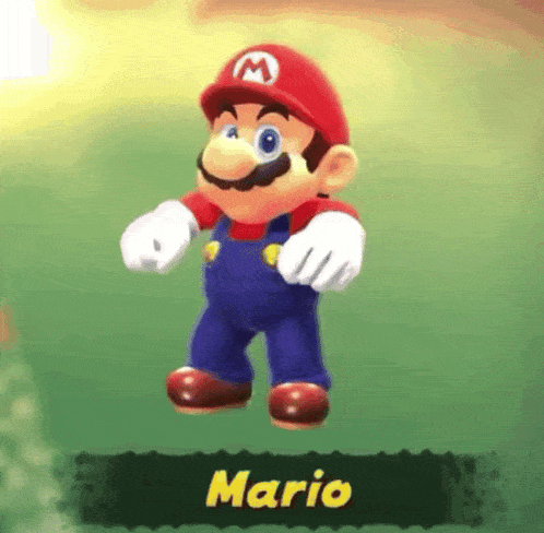 a video game character named mario is standing on a green field