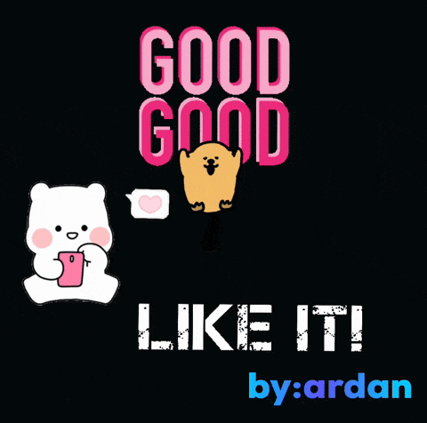 a poster that says good good like it with a teddy bear holding a cell phone