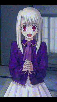 a girl with white hair and red eyes is wearing a purple outfit