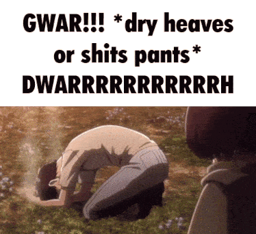 a picture of a man kneeling in the grass with a caption that says gwar
