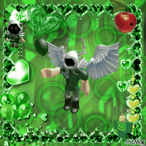 a picture of a roblox character holding a green balloon with a green background