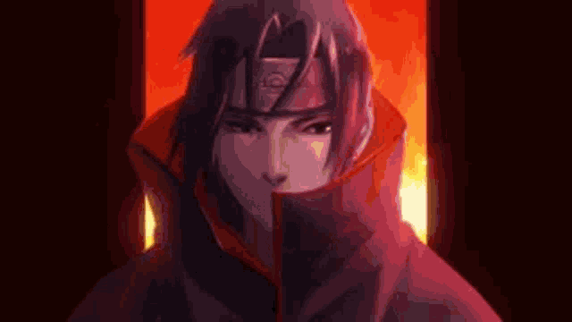 itachi uchiha from naruto is wearing a red headband and a red cloak .