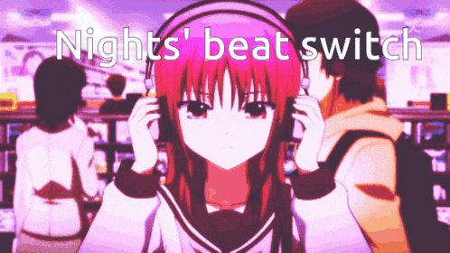 a girl wearing headphones with the words " nights beat switch " on the bottom